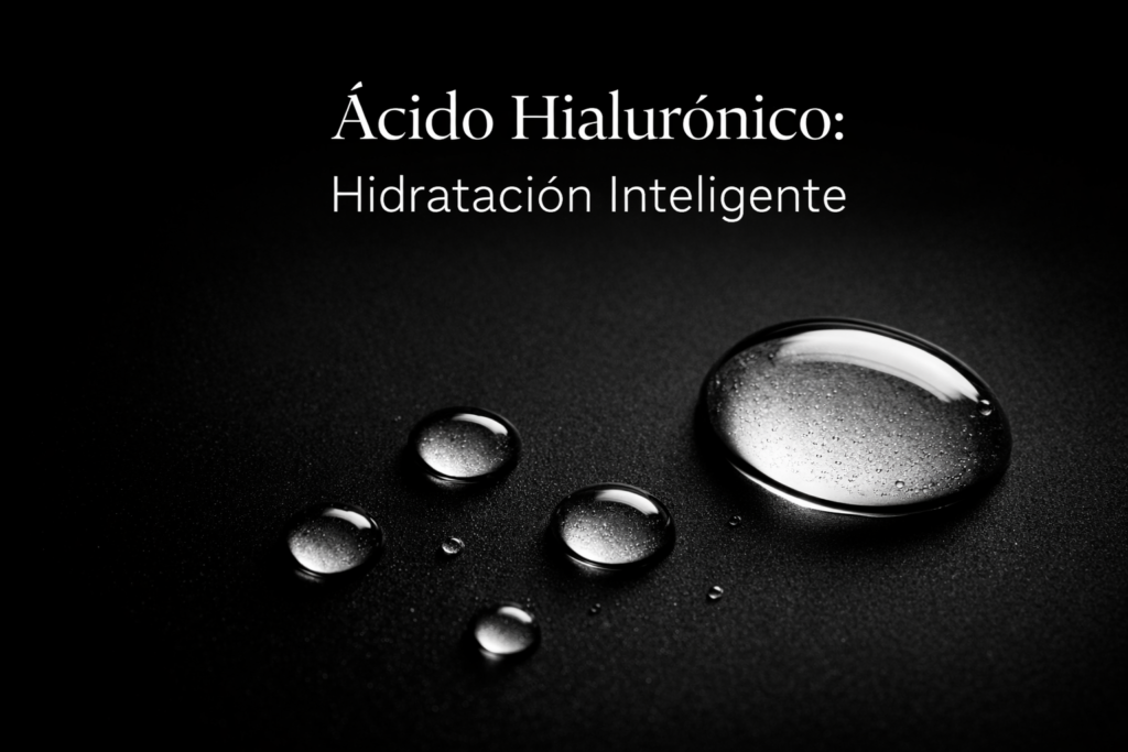 Gotas de ácido hialurónico sobre fondo negro representando hidratación profunda y rejuvenecimiento facial en Rivas